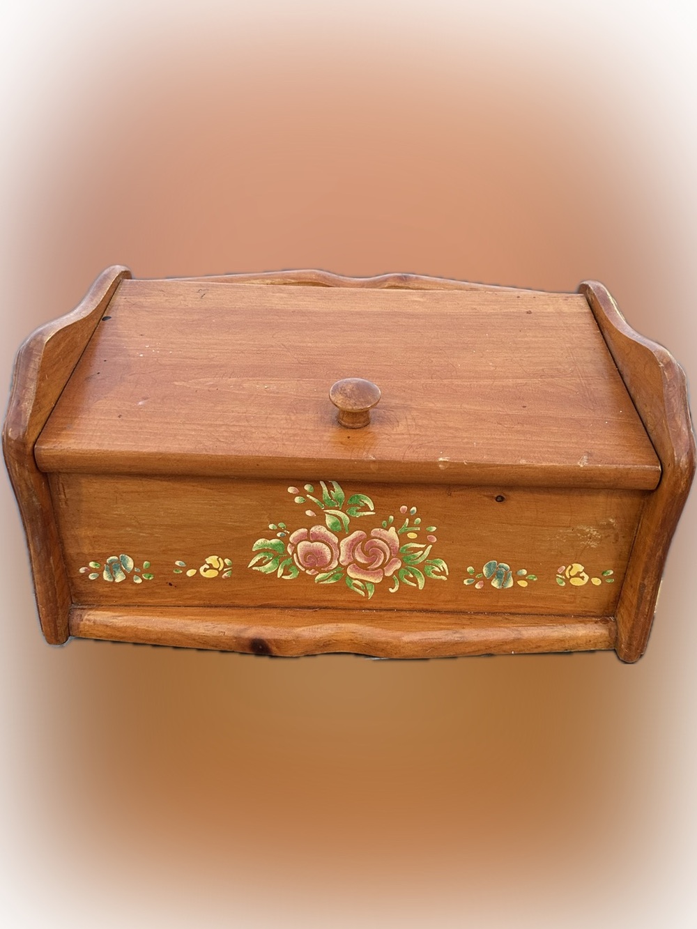 Hand-Painted Wooden Top Load Bread Box in Natural Brown with Pink Floral Detail